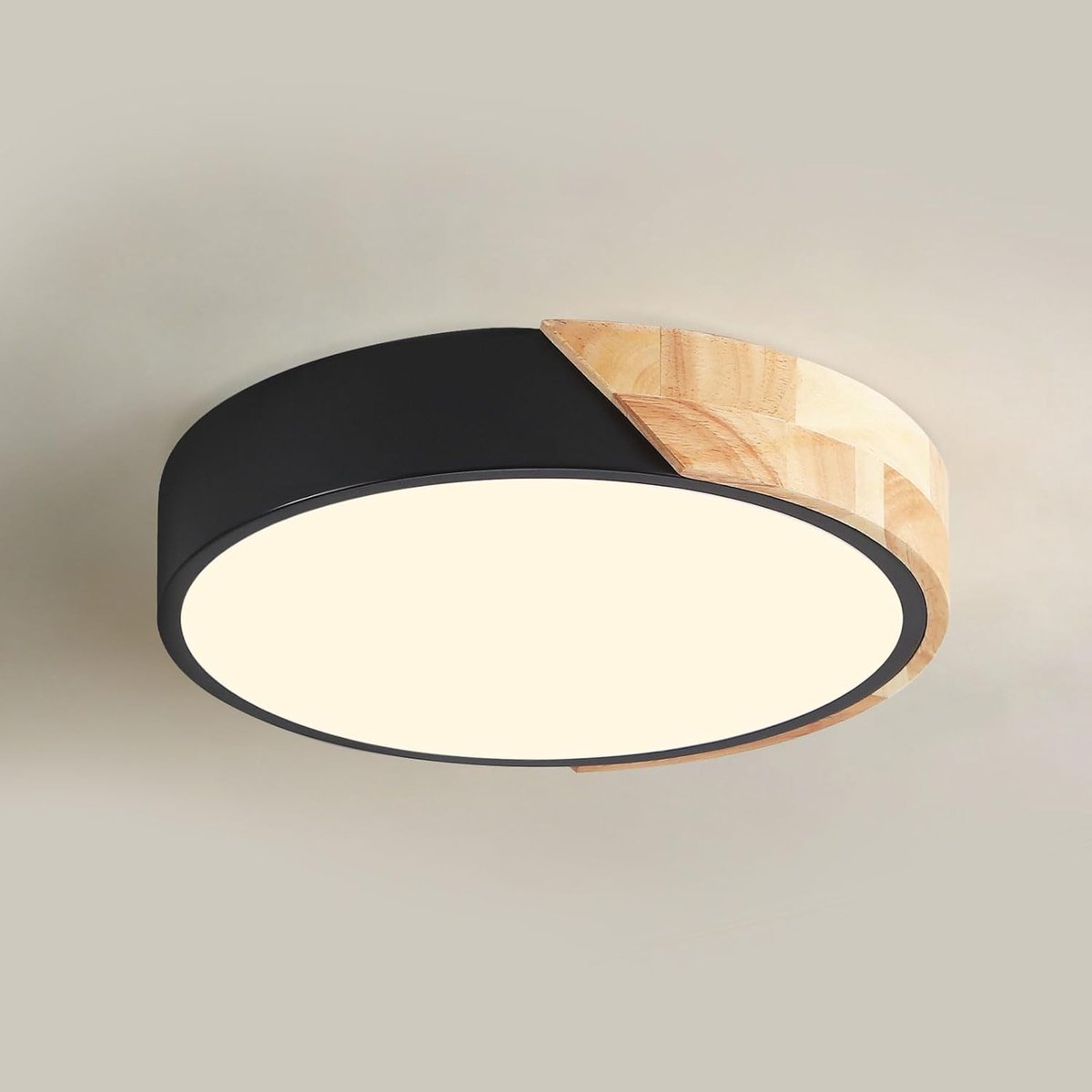 Plafondlamp Moderne Houten 25W, 3000K Warmwit Plafondverlichting 2500lm CRI≥80, LED Lamp voor Woonkamer, Slaapkamer, Kantoor, Keuken en Hal Zwart Ø32cm