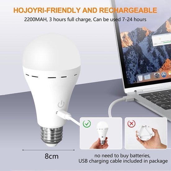 2 Stuks Oplaadbare LED Lamp E27 - 3W met Afstandsbediening & Ophanghaak - USB-C Dimbare Noodverlichting - 3 Lichtkleuren & Timer - Voor Binnen & Buiten — afbeelding 2