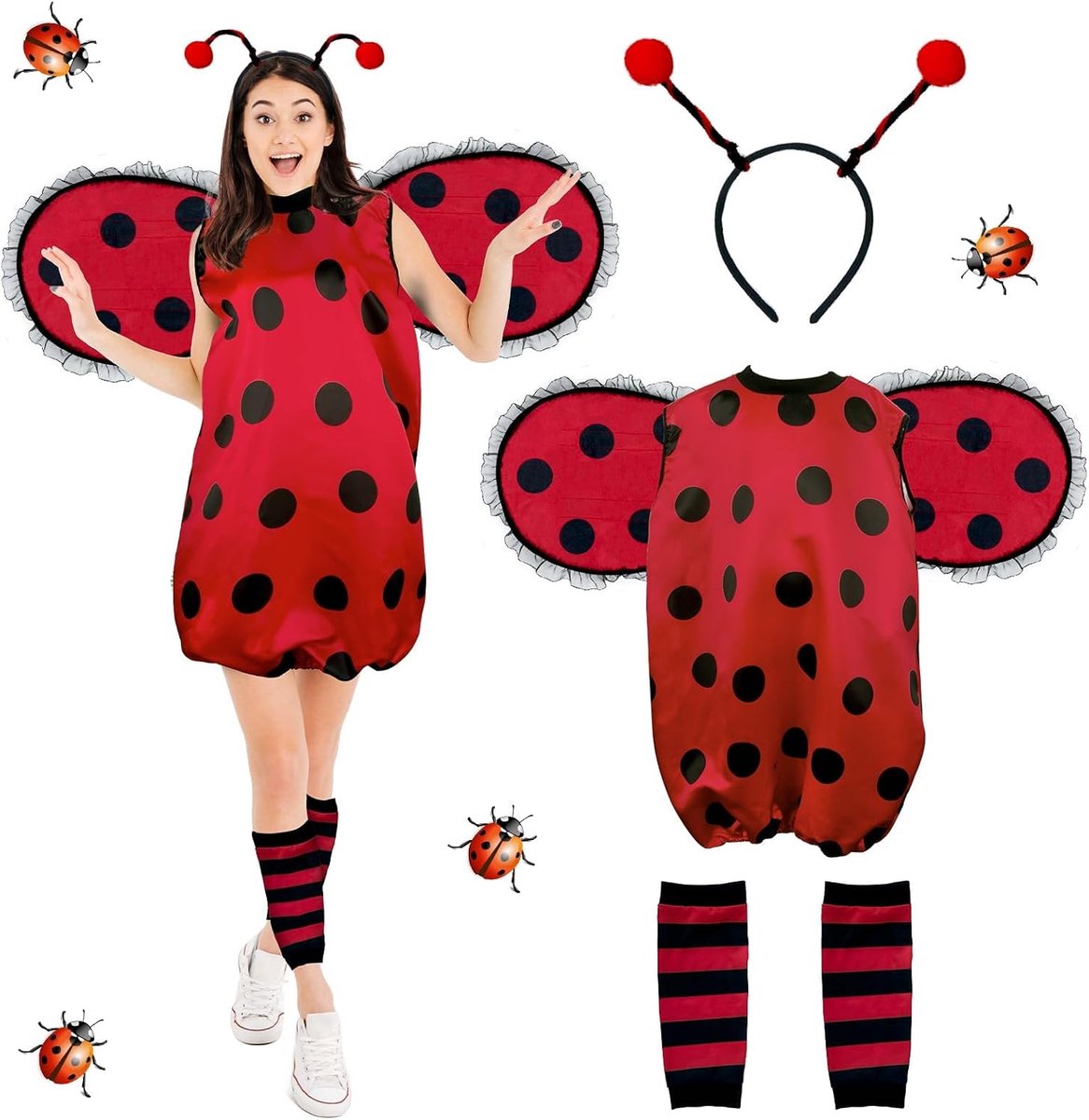 Lieveheersbeestjeskostuum voor dames en volwassenen, lieveheersbeestje, vleugels en haarband, keverkostuum, carnaval, cosplay, Halloween, carnaval, themafeest, grappige outfit