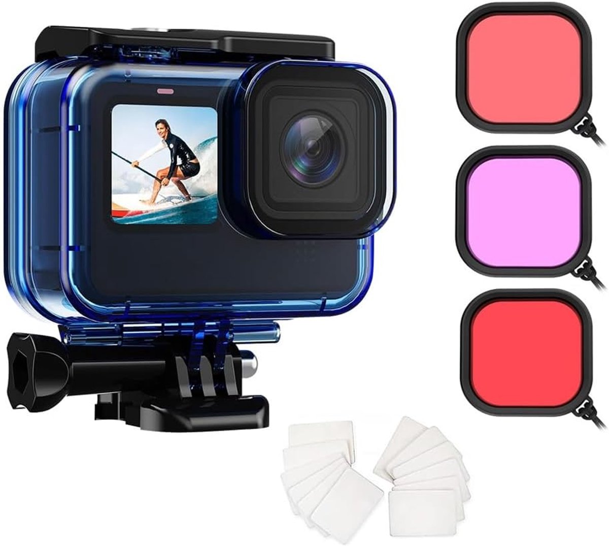 Behuizing met duikfilters voor GoPro Hero 13/12/11/10/9 zwart - 60m/197ft onderwaterbehuizing met rode en magenta filters voor duiken, snorkelen en watersporten