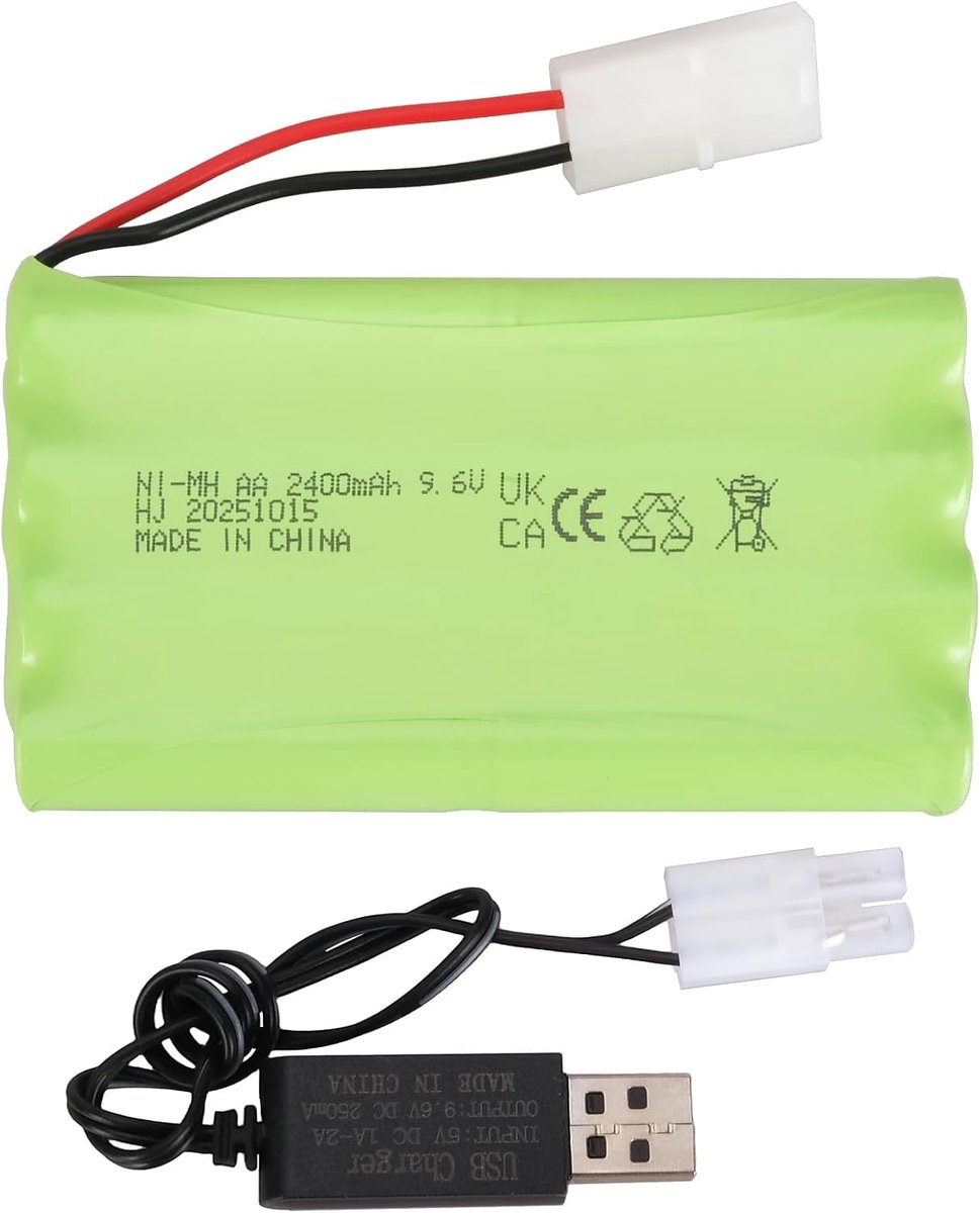 9,6V 2400mAh Ni-MH Batterij met KET-2P Connector en USB-Oplaadkabel, AA NiMH Oplaadbare Batterijpack voor RC Voertuigen, Auto’s, Vrachtwagens, Graafmachines, Crawlers, Tank Speelgoed