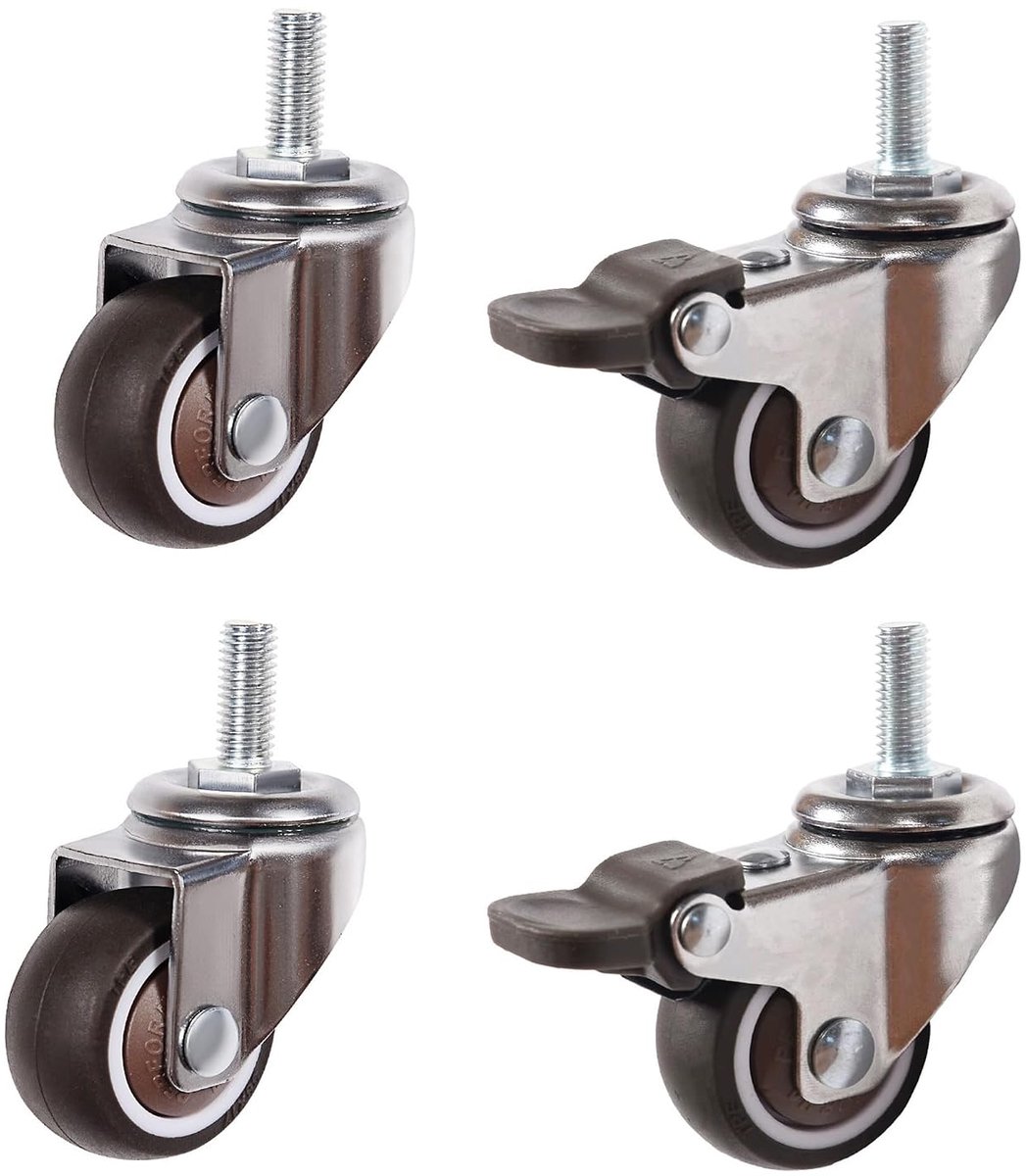 Schroefdraadstang M6 x 15 mm, laag profiel rubberen zwenkwielen, geschikt voor kleine wagens, meubels, planken, set van 4, draagkracht 60 kg 32 mm, 2 remmen