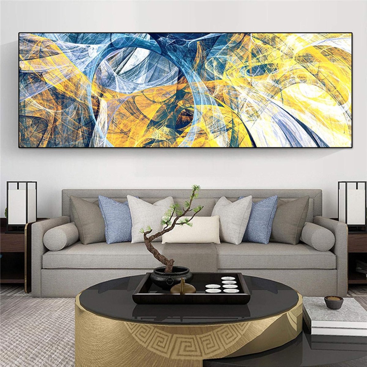 Geel en Blauw Canvas Schilderij Moderne Abstracte poster en prints Muur Art Picture Woonkamer Woondecoratie kunstwerk 70x210cm Frameless