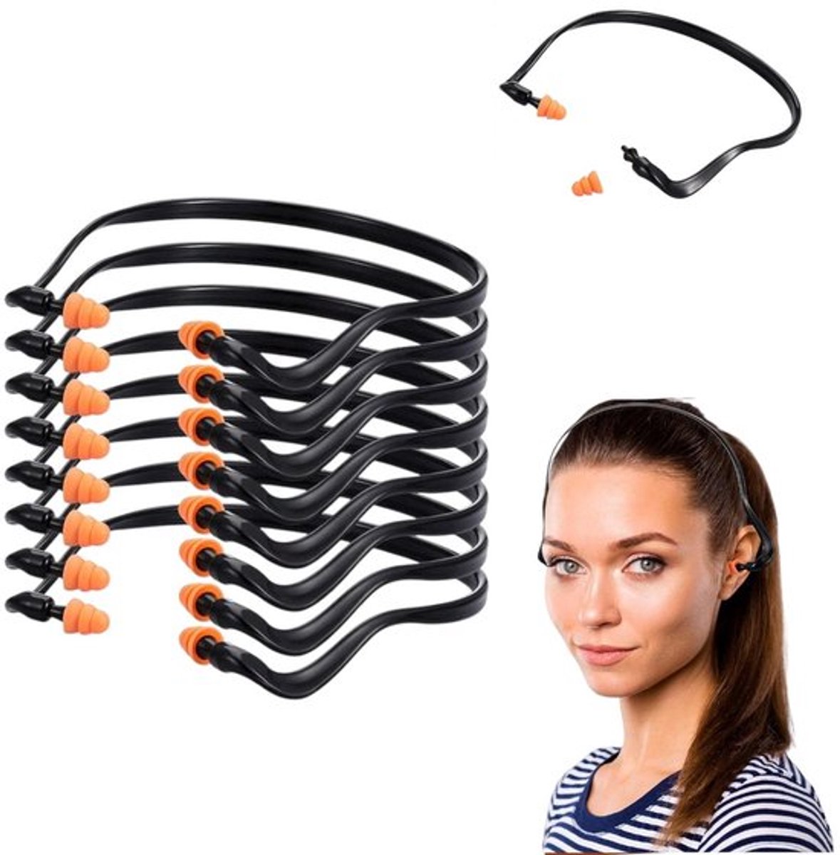 Daity 8-delige - Hoofdgedragen oordopjes, herbruikbare oordopjes, geluidsreductie, lichtgewicht oordopjes voor gehoorbescherming, slapen, werken, bouwen, 14 cm (zwart en oranje)