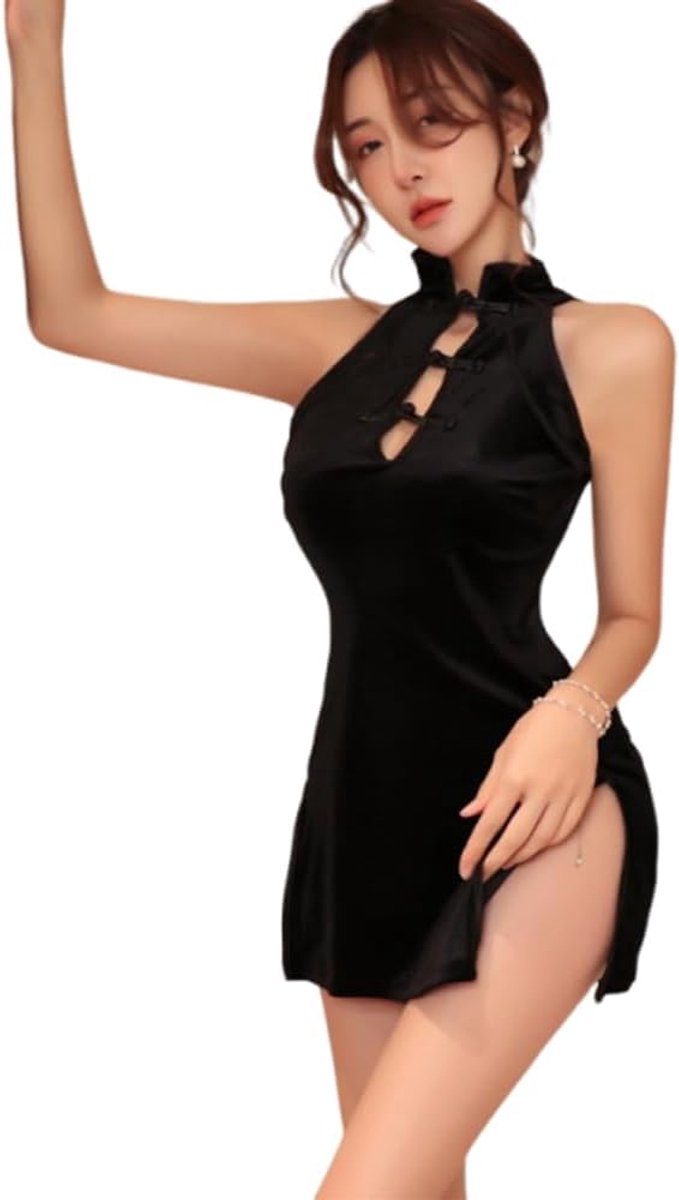 Chinese fluwelen sexy cheongsam Japanse anime cosplay kimono jurk (zwart)