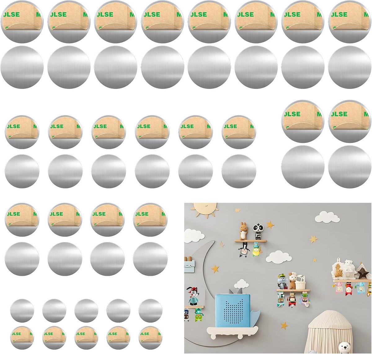 50 stuks zelfklevende metalen plaatjes, 3 maten (10 x 15, 20 x 20, 20 x 30 mm), sterke magneetkracht, ideaal voor kinderkamerdecoratie (0,4 mm dikte)
