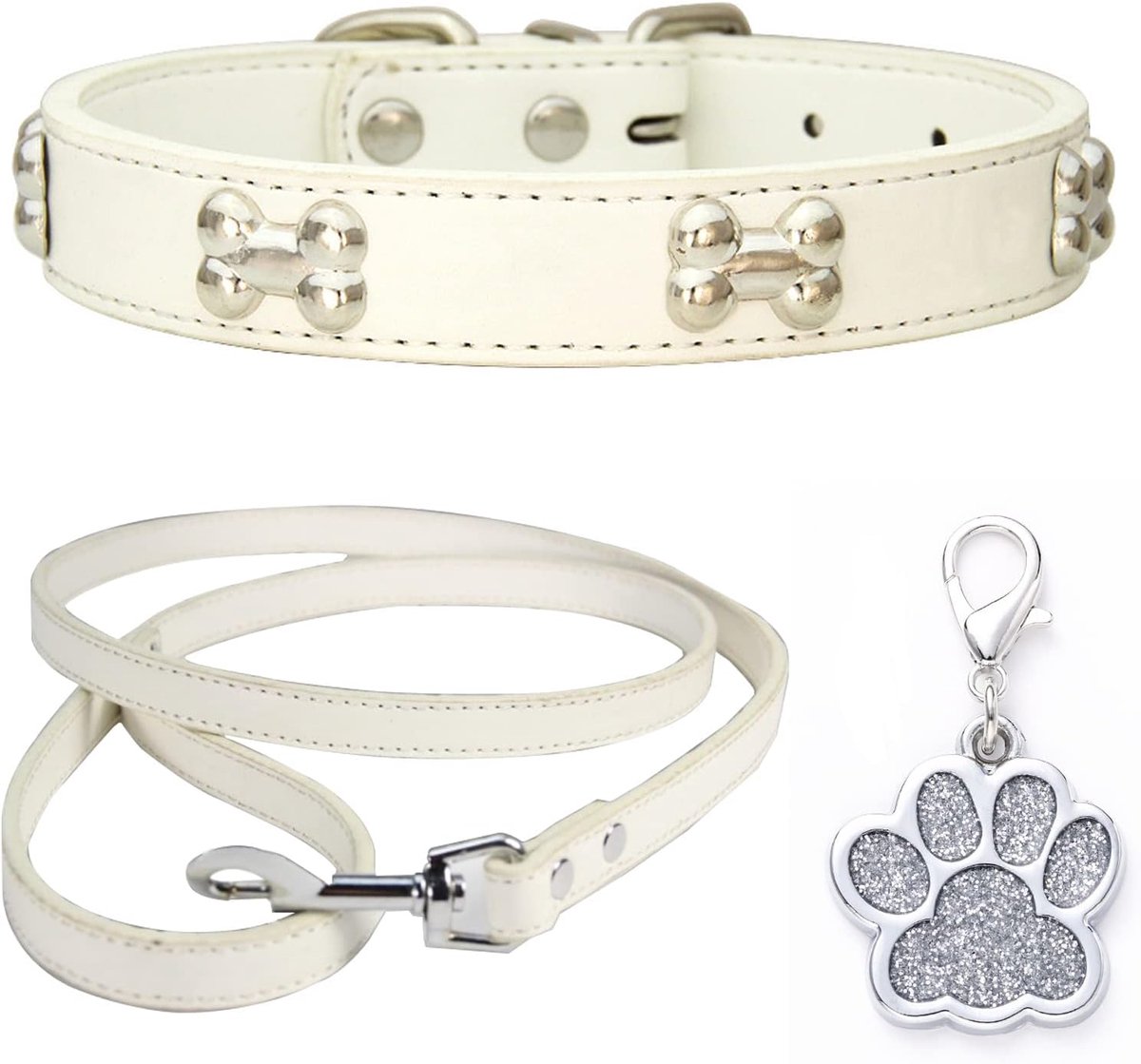 Hondenhalsband, leren halsband, hondenriem, comboset, hondenhalsbanden, verstelbare puppyhalsband voor kleine, middelgrote honden en katten, wit, M