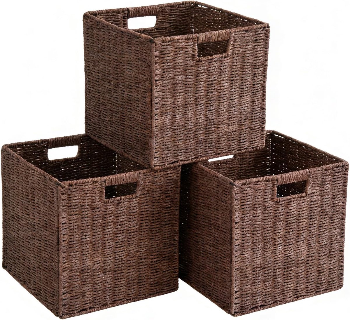 Set van 3 opbergmanden, gevlochten, opbergmand, rekmand, opvouwbaar, rekdoos, opbergdoos, bruin, 25 x 25 x 25 cm