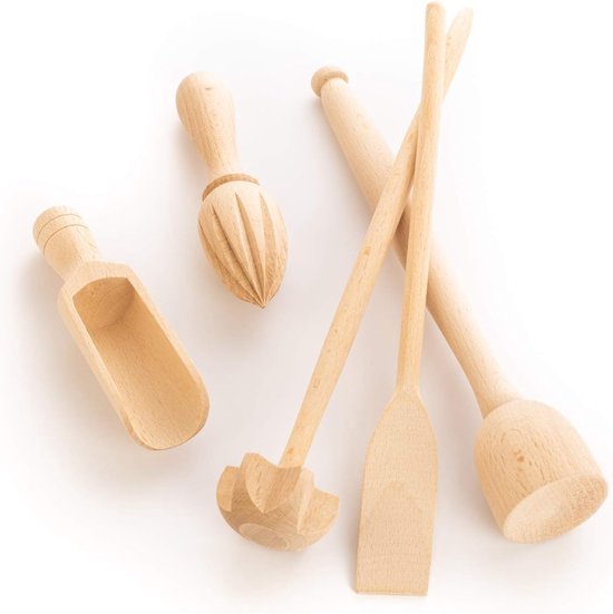 Tuuli Keukenhulp, set keuken koken van beukenhout (garen, pannenspatel, kruidenlepel, aardappelstamper, citroenpers) — afbeelding 2