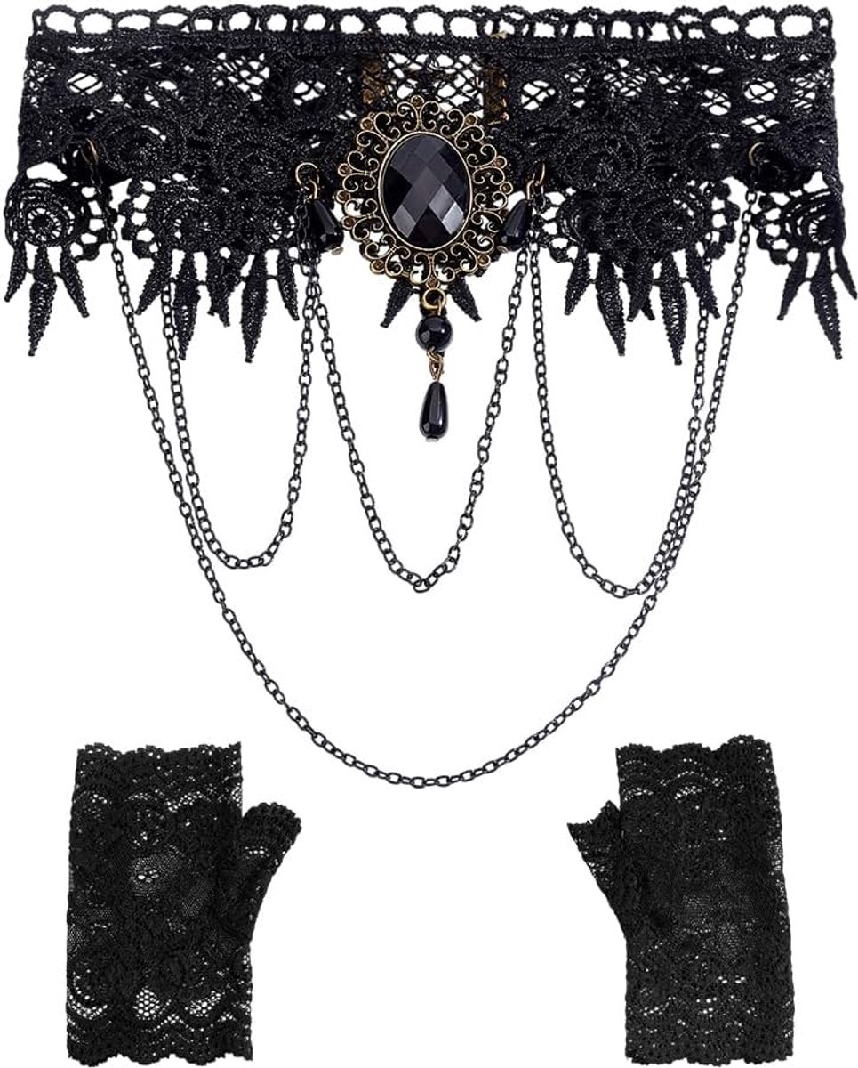 2 Stuks Zwarte Kanten Choker Kettingen En 2 Paar Korte Vingerloze Handschoenen Vrouwen Gothic Vampier Heks Kostuum Accessoires Halloween Maskerade Kostuums Set Cosplay Accessoires