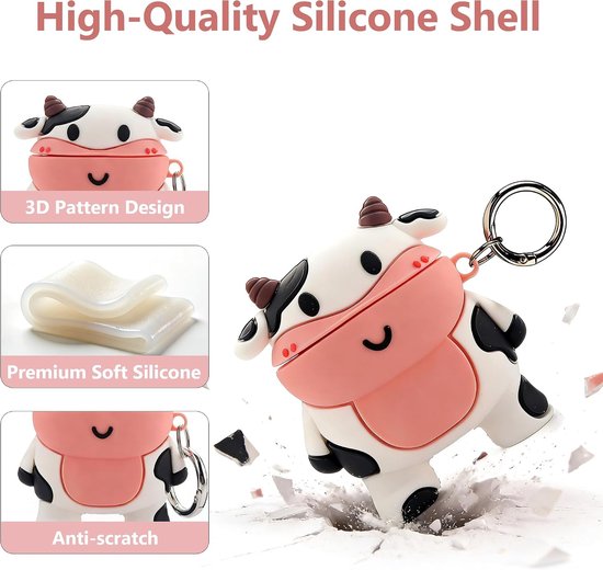 Hoesje voor AirPods, AirPods 2 koeienhoes, siliconen, cartoon, AirPods 1e/2e generatie, oplaadhoesje, kawaii, 3D, koe, AirPods 2, grappig dier, zachte beschermhoes met karabijnhaak — afbeelding 3