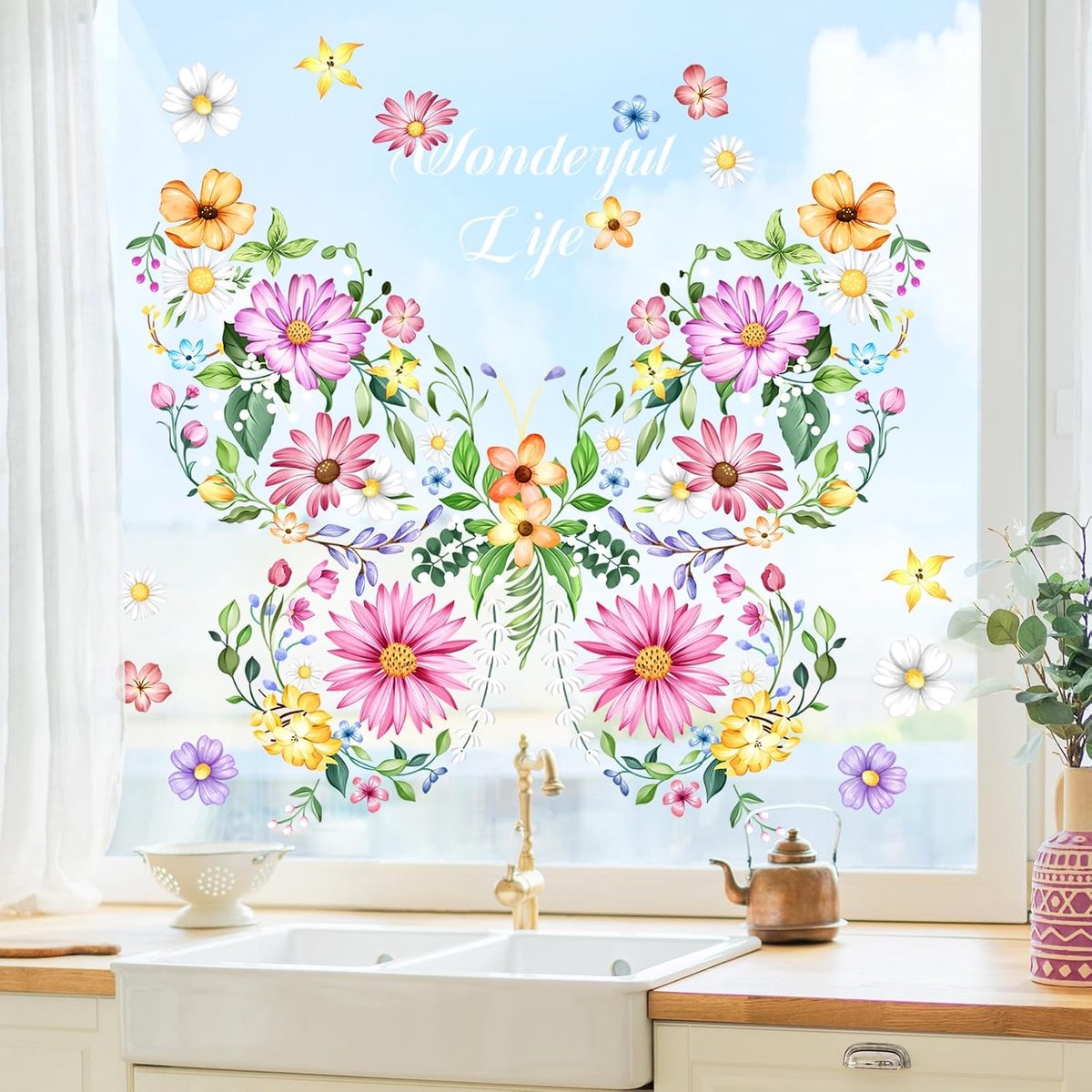 Raamstickers Zomer Roze Bloemen Raamstickers Anti-Collision Raamklampen voor Thuiskantoor Klaslokaal Decor
