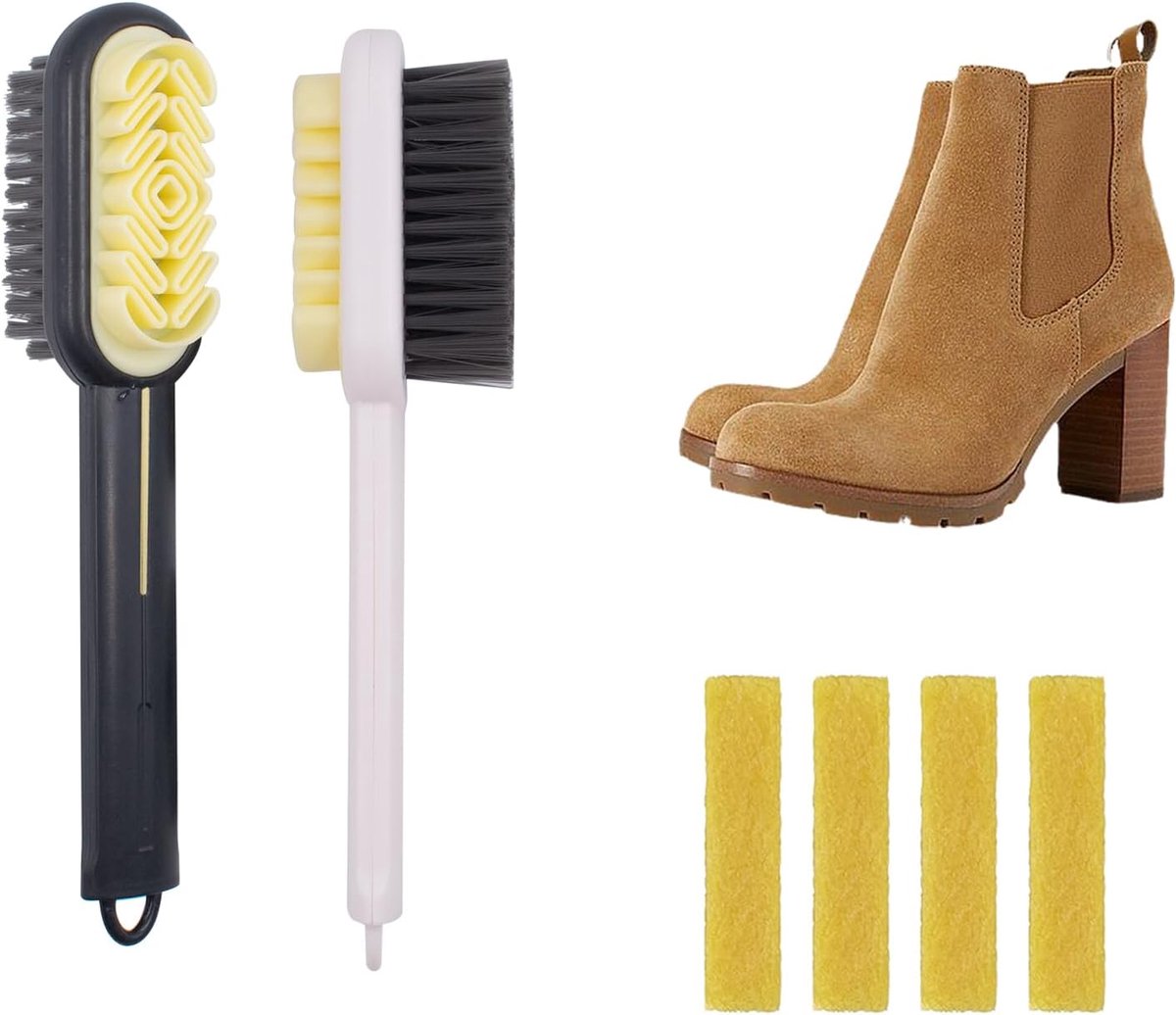 Suède Borstels voor schoenen, 2 stuks, met 2 gummen, suède, dubbelzijdige borstel, suède, verzorgingsborstel voor suède, nubuck, suède, 2 kleuren