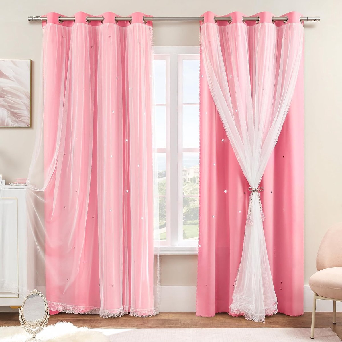 Verduisteringsgordijn voor slaapkamer dubbellaags 157 x 228 cm van polyester met voile sterrendesign schuifdeur meerkleurig roze 157/228