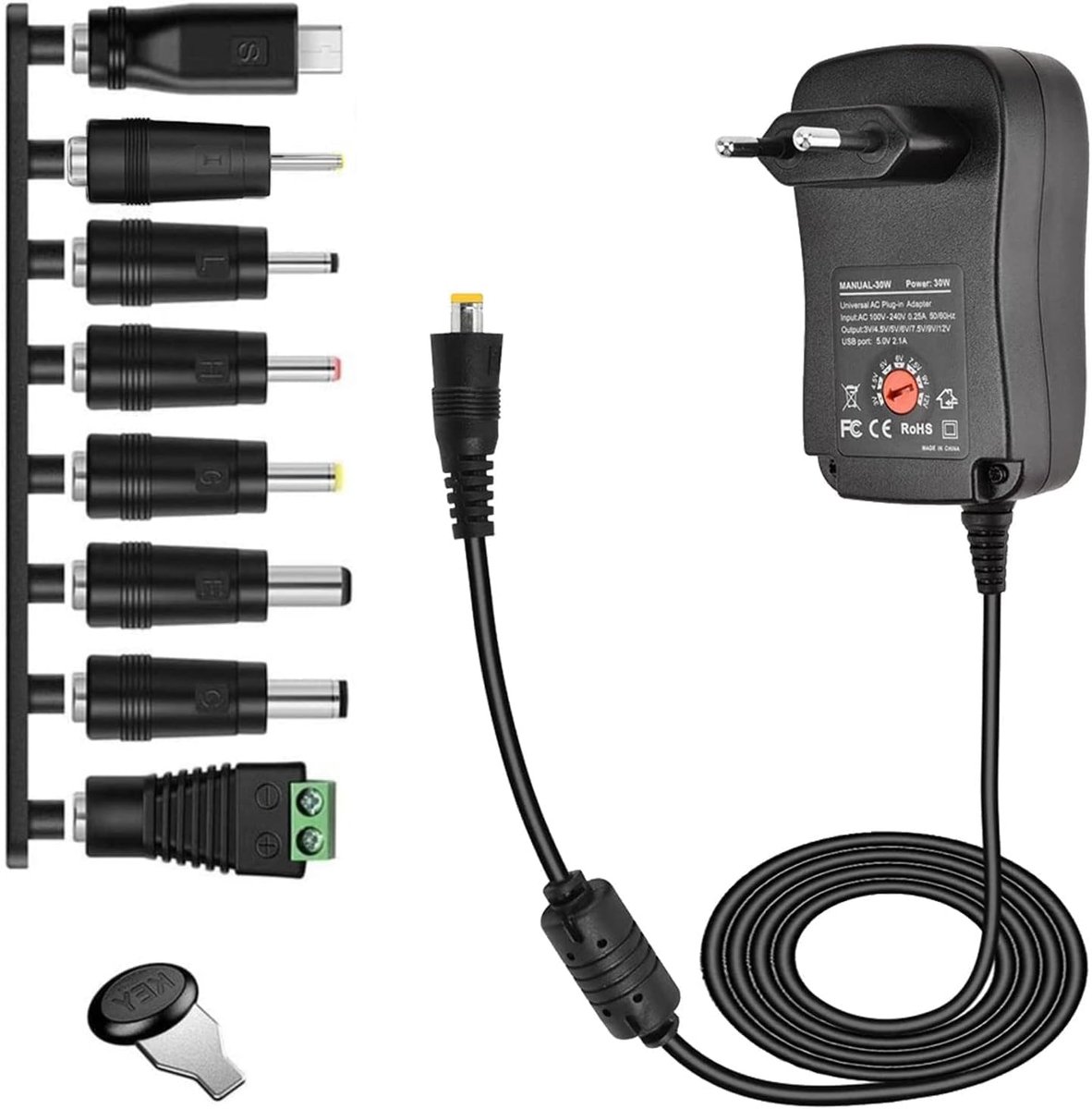 30 W universele voeding AC naar DC 3 V 4,5 V 5 V 6 V 7,5 V 9 V 12 V 1 A 2 A voeding, adapter multi - spanning met USB-poort en 8 DC-stekkers voor CCTV Cam Router Speaker Lamp & Huishoudelektronica