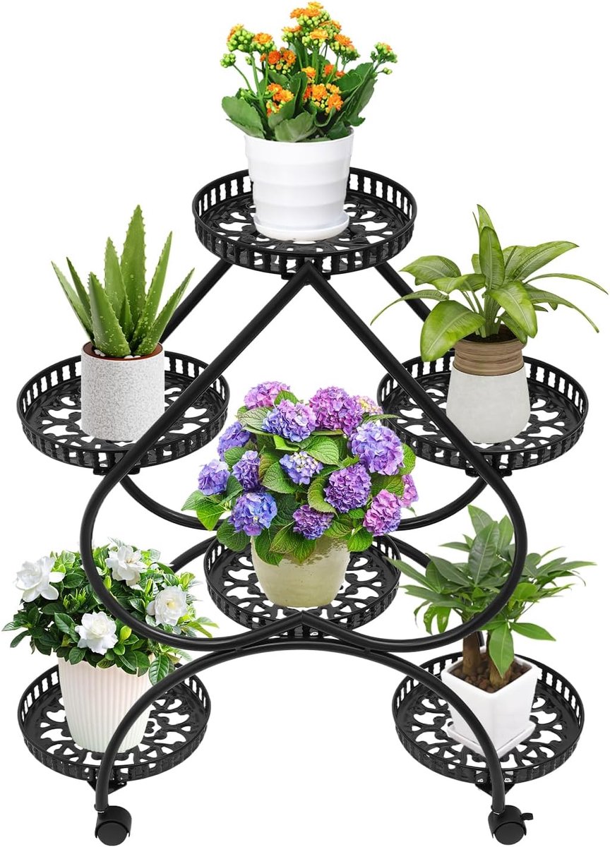 6 niveaus, metalen bloemenstandaard, bloemenrek, plantentrap, mobiel met wiel, voor binnenplaats, tuin, balkon, woonkamer, kantoor, met 6 dienbladen