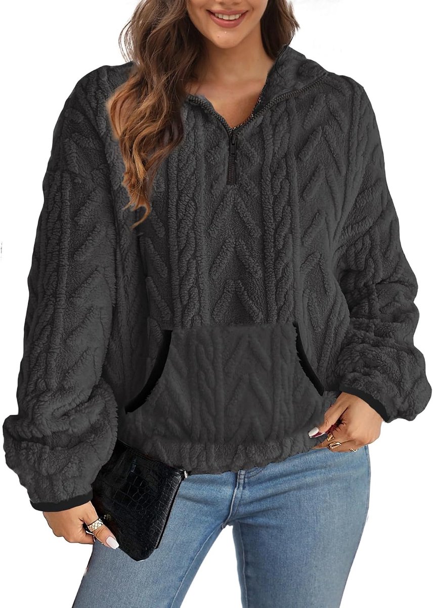 Dames herfst fleece oversized sweatshirt casual fleecejack warm bovendeel winter fleece trui zacht shirt lange mouwen met zakken top