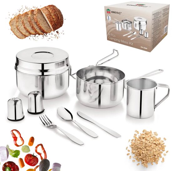 Kinghoff - KH-2060 - 9-Delig Camping Kookset - Kampeerset met Kookpan 1,5L, Mok 0,5L & Bakje 1,1L - Campingservies met Bestek, Mes, Vork & Lepel - Inclusief Zout- en Peperstrooiers - Reis- & Outdoor Set voor Camper en Tent - RVS — afbeelding 5