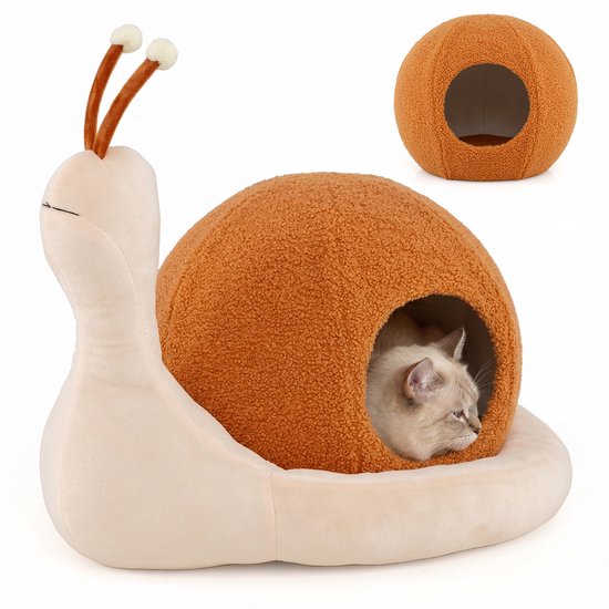 Zachte kattenmand in slakkenvorm, bruin met crème, met een kat erin.