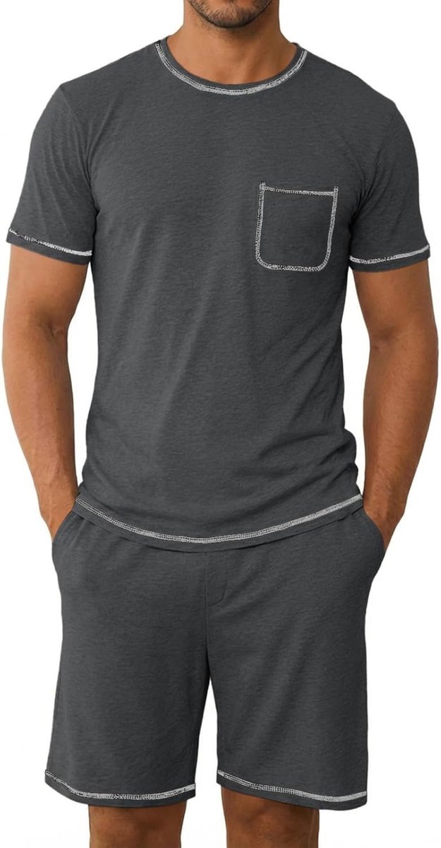 Pyjama heren tweedelige pyjama set korte mouwen T-shirt en effen pyjamabroek mannen katoen ronde hals nachtkleding