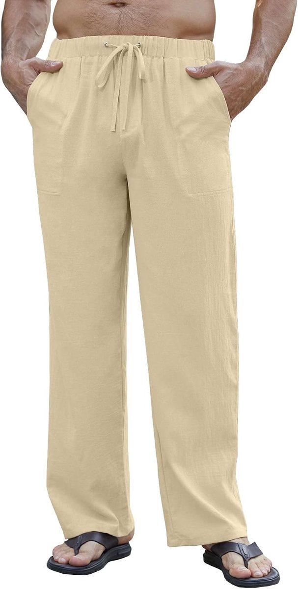 Katoenen linnen broek voor heren, lange zomerbroek, licht, casual, ademend, strandbroek, losse pasvorm, broek met elastische tailleband en vier zakken