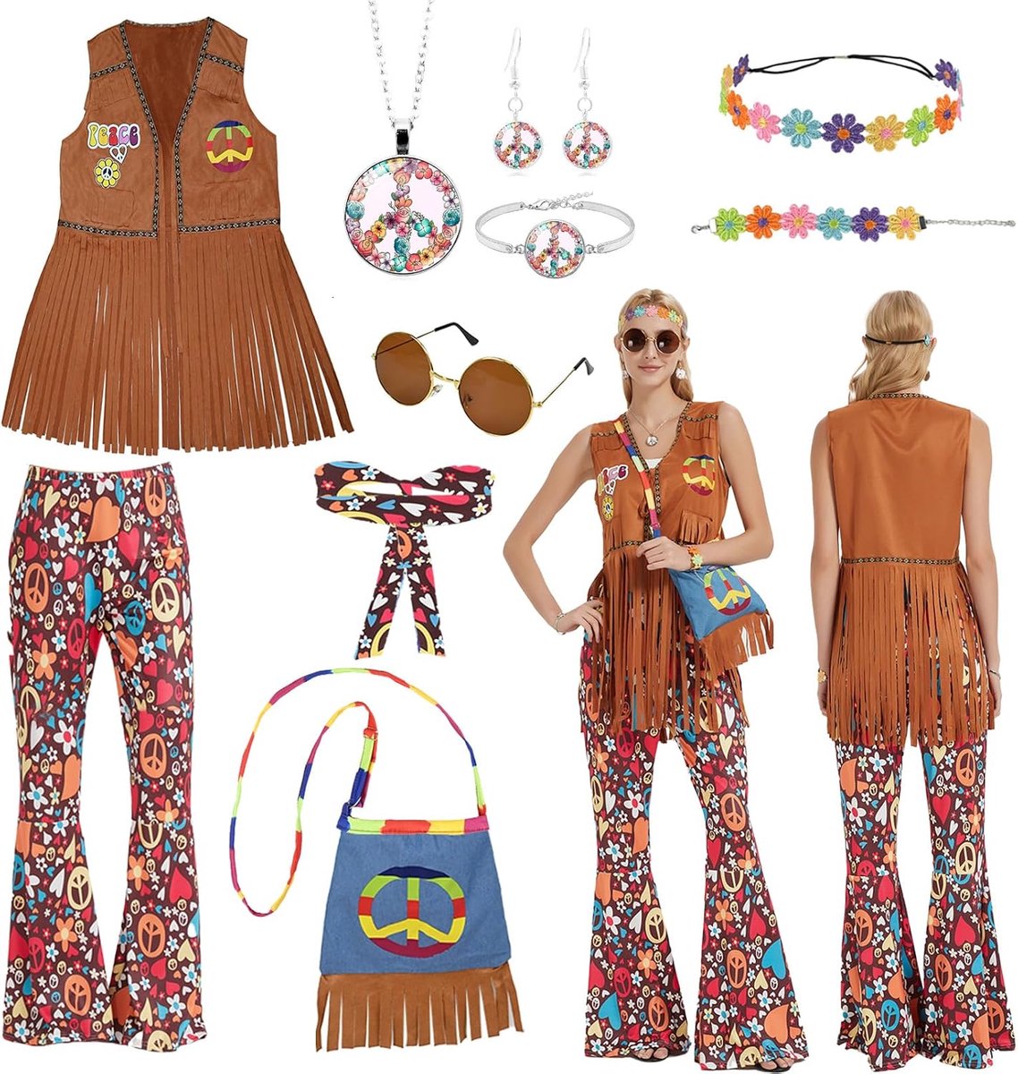 Hippiekostuum voor dames, jaren '60 en 70 kleding, hippievest, hippiebroek, hippiebril en hippie-accessoires, hippiekleding voor Halloween, carnaval