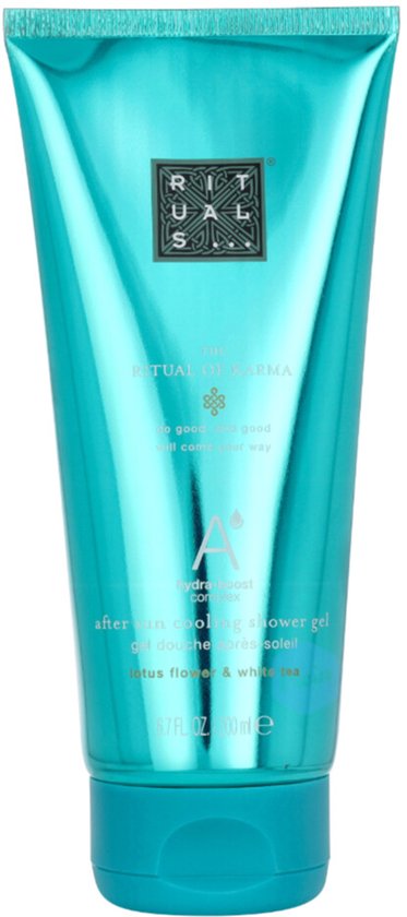 Turquoise douchegel tube met logo en tekst 'The Ritual of Karma, After Sun Cooling Shower Gel, lotusbloemen & witte thee'.