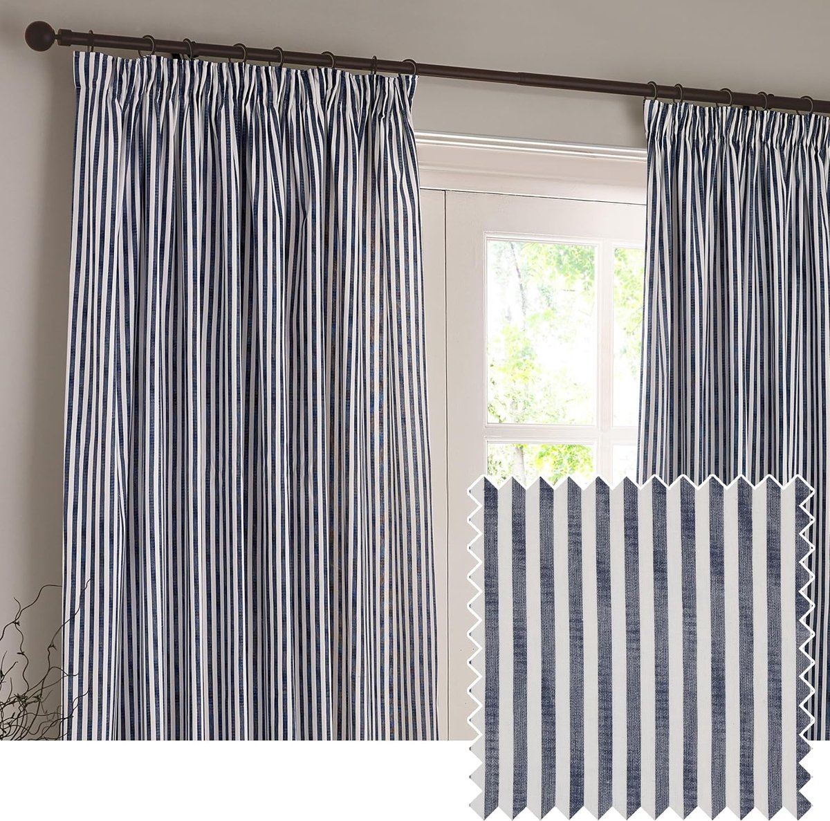 furn. Yard Hebden Plooi Gordijn Plooi Paar - Ultra Zachte Katoen Gevoerde Gestreepte Gordijnen (Navy - 117x137cm)