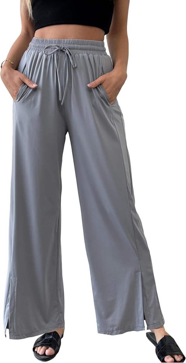 Zomerbroek voor dames, luchtig, licht, vrije tijd, losse casual split, split, hoge taille, brede pijpen, loungebroek
