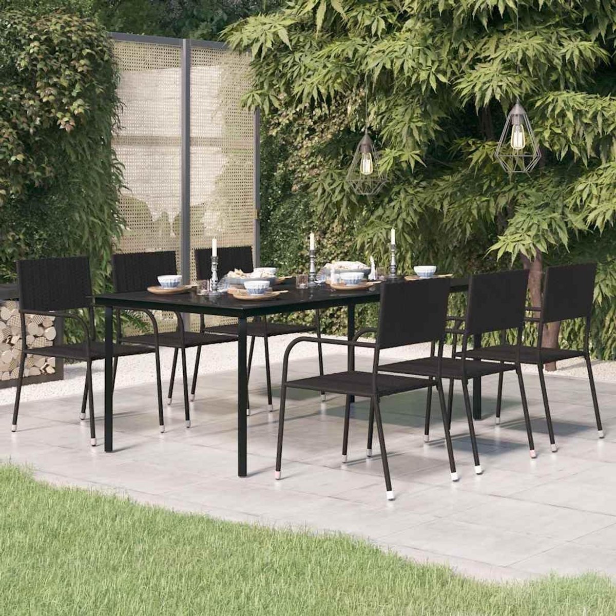Zwart, 200 x 100 x 74 cm, staal en glazen tafelblad, minimalistisch, voor balkon, terras, robuust stalen frame, gepoedercoat 1 stuk