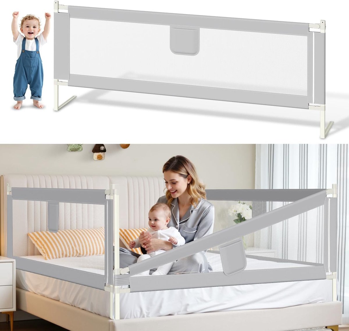 Bedhekje met valbescherming van 150 cm, in hoogte verstelbaar van 64-96 cm, voor baby's en kinderen, met dubbele knopschakelaar, eenvoudige montage, grijs
