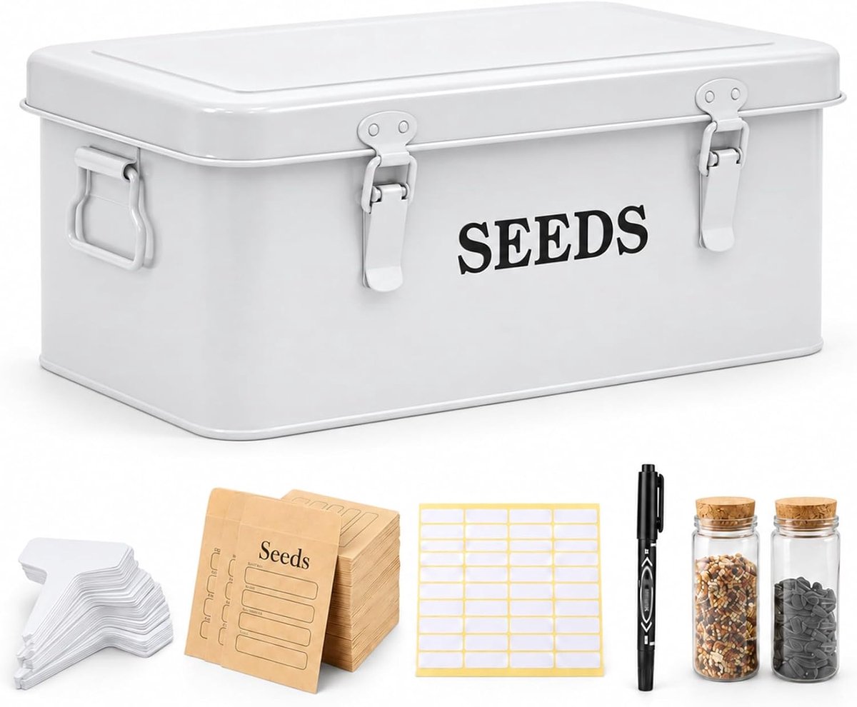 Zaaddoos met slot - metalen zaadorganizer met 4 vakken en accessoires - incl. 12 buizen, 30 enveloppen, 20 etiketten & 1 pen - tuinopbergdoos vintage wit voor hobbytuiniers