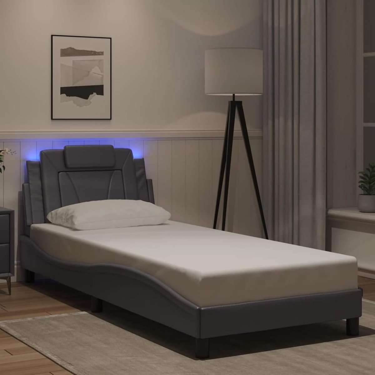 Bedframe met led, grijs, 90 x 200 cm, kunstleer, stabiel bedframe, bedframe voor slaapkamer, hotel, logeerkamer, slaapzaal, 3213997