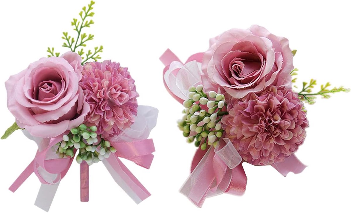 2 Pack Bloem Pols Corsage Boutonniere Set, 3 inch Kunstmatige Rose en Anjer Pols Corsage en Mannen Boutonniere Set, Zijde Bloem voor Bruiloft Bloemen Accessoires Prom Suit Decor (Violet)