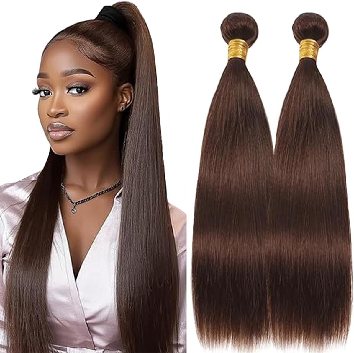 Human Hair Bundles Sew in Hair #4 Chocolate Brown Real Hair Extensions 2 Bundles Unprocessed Human Hair Minimal Smell Low Shedding for Women 32 32 Inch