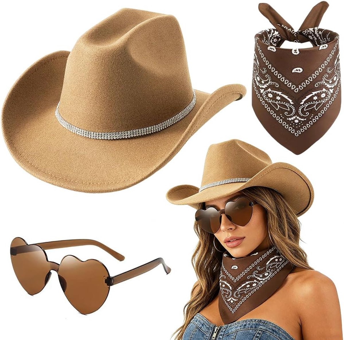 Cowboyhoedenset 3-delige westerncowboyhoedenset met unieke stierenkop-zonnebril en vierkante sjaal Kostuumaccessoires Multifunctioneel voor Cowgirl-thema Halloween-feest