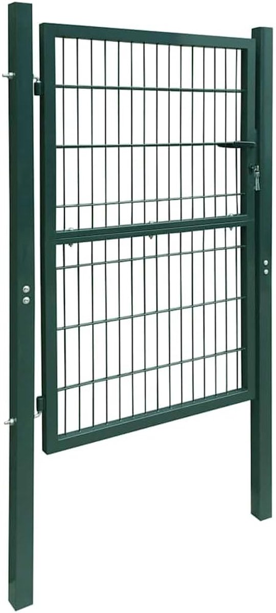 2D-hekpoort, tuinpoort, groen, 100 x 160 cm, gepoedercoat staal, gelaste draadstaven, robuust en duurzaam, met slot en twee sleutels, sterke scharnieren voor eenvoudige