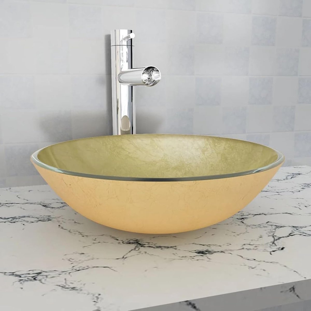 Wastafel van gehard glas, 42 cm, goudkleurig, wastafel voor de badkamer, opzetwastafel, P142233