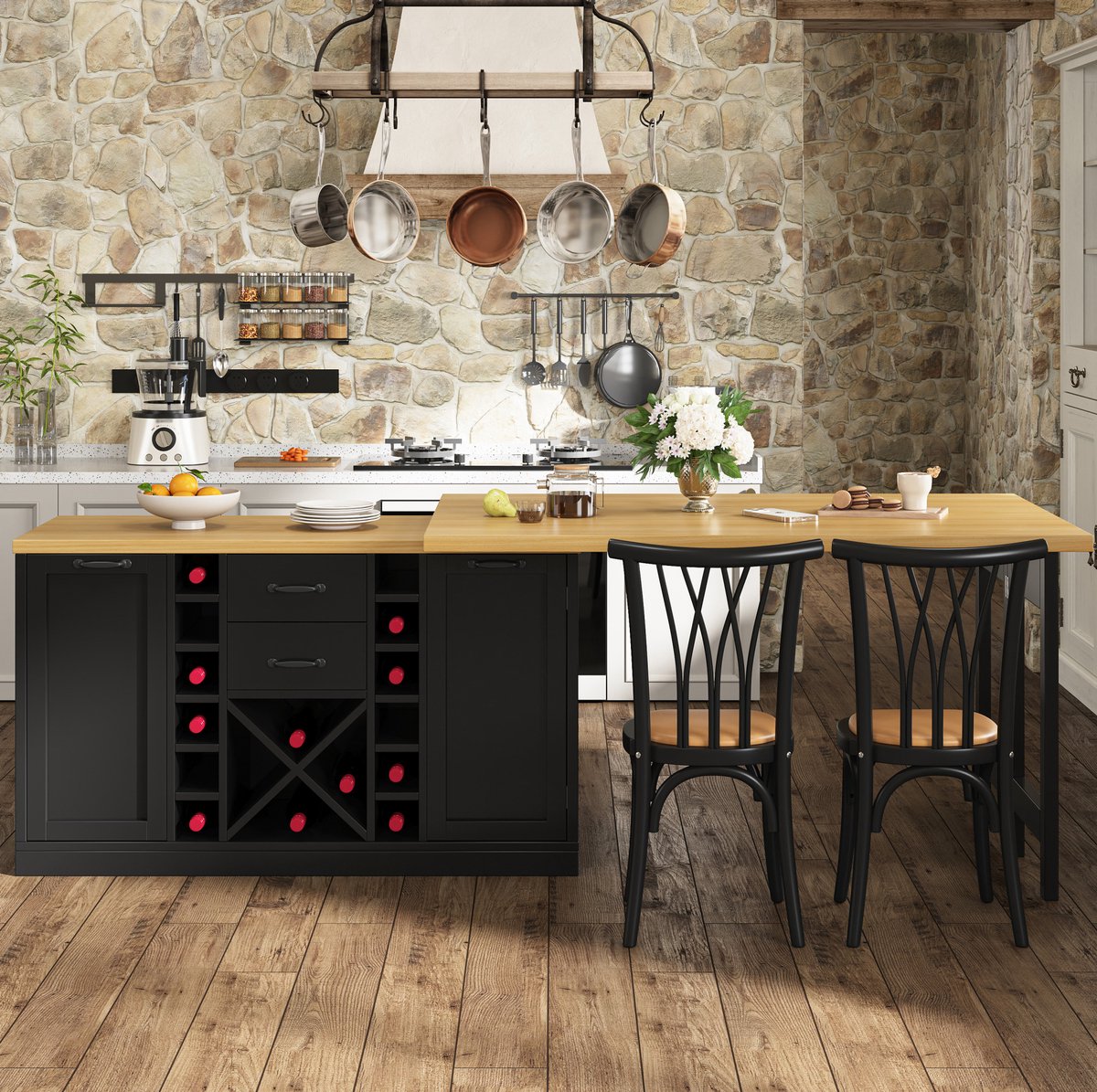 MODENUIT Eettafel 120-223 x 40 x 73,8 cm - 360 Graden Draaibaar Met Opbergruimte - Keuken - MDF Metaal Zwart