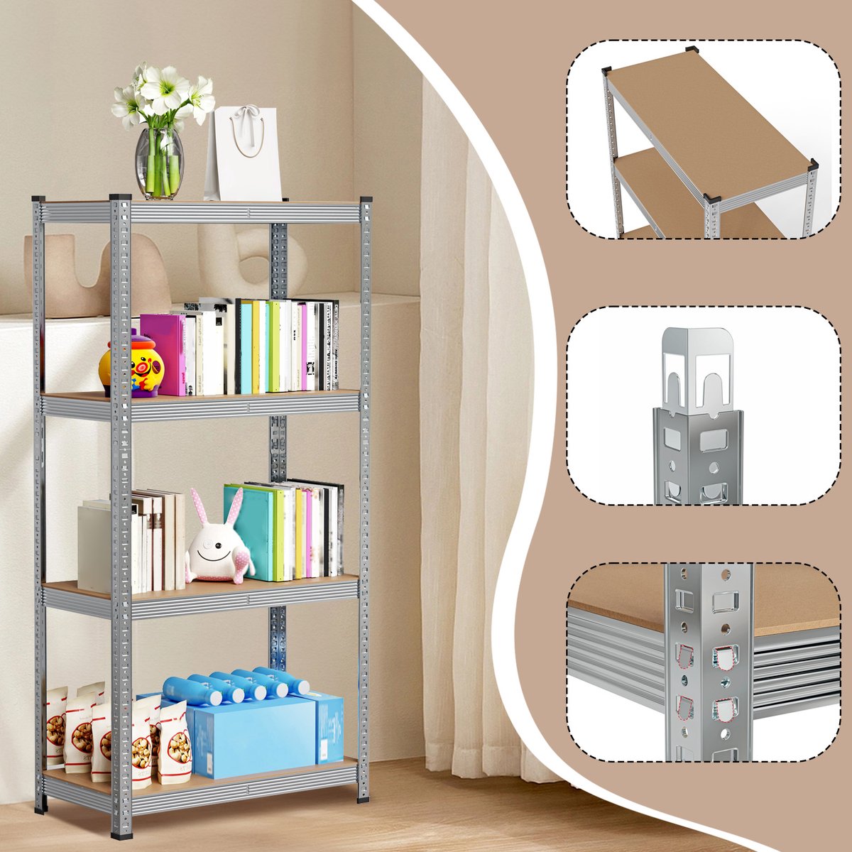 PIPIPOXER Stellingkast - Opbergrek met 4 planken - Metalen Opbergrek- Opbergrek - Badkamerrek - Magazijnstelling - voorraadkast - 40 x 80 x 160cm - zilver+Houtkleur