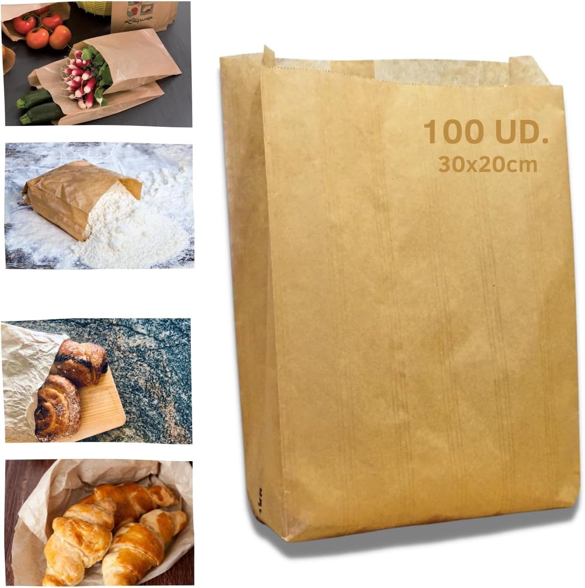 100 kraftpapieren voedselzakken (30 x 20 cm) | geschenkzakken | papieren snackzakken | papieren zakken zonder handvatten | ontbijtzakken | kraftzakken