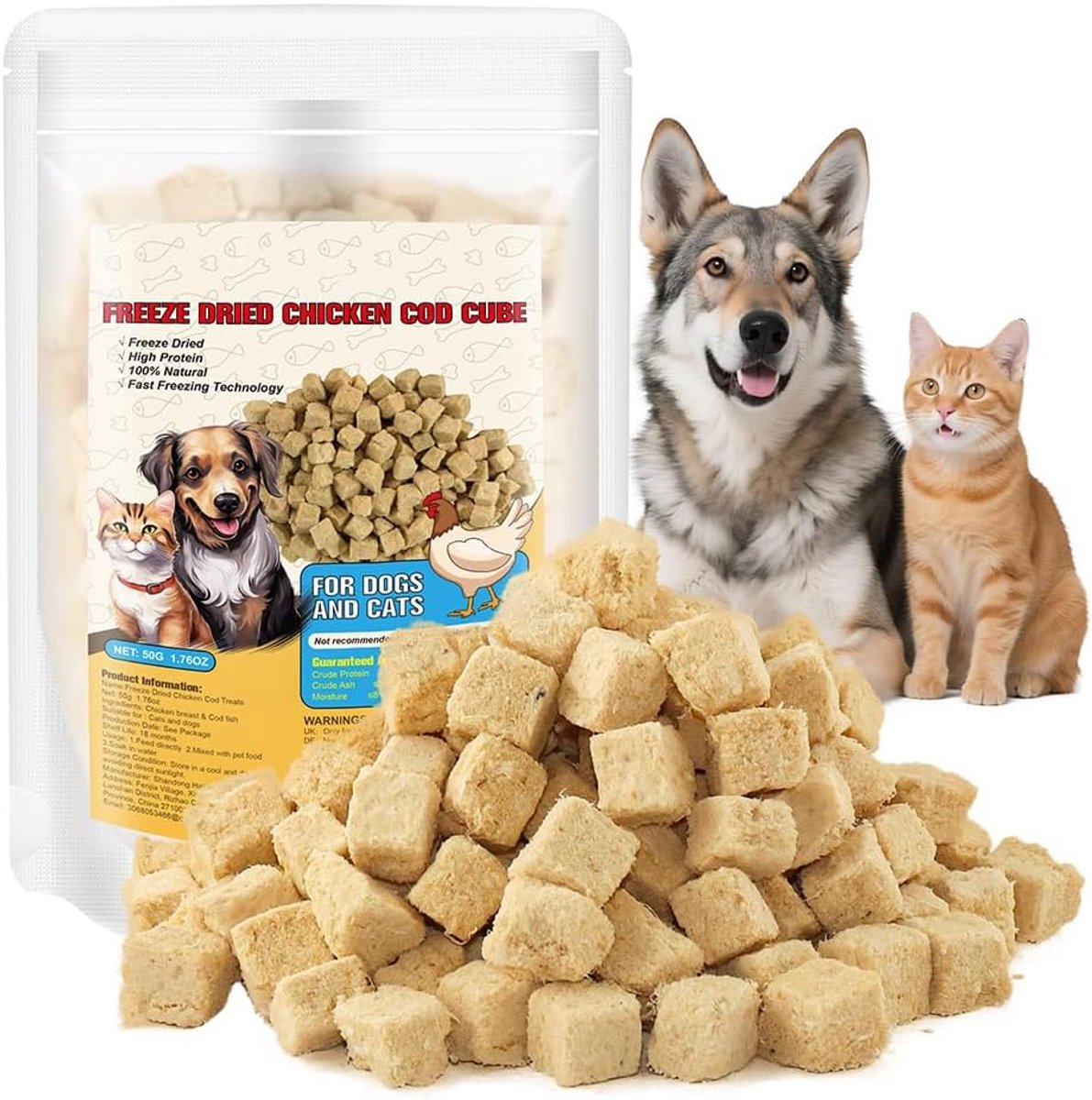 Snacks voor honden en katten, kip- en kabeljauwblokjes met hoog eiwitgehalte, natuurlijke premies zonder additieven, 50 g