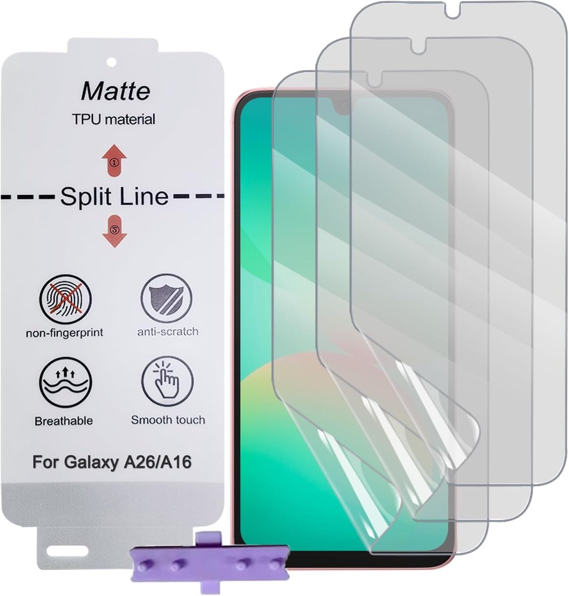 Schermprotector Matte voor Samsung Galaxy A26, 3-pack Antireflecterende TPU Hydrogelfolie voor Telefoon, Matte Screenprotector, Anti-vingerafdruk (Geen gehard glas)