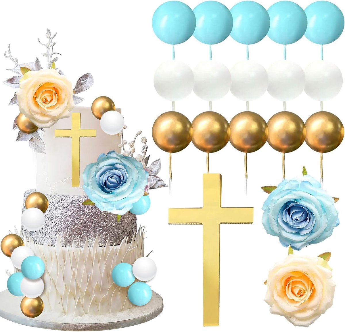 Communie, 17 stuks, gouden kruis, taartdecoratie, taarttopper, doop, taartsteker, communie met taartdecoratie, ballen, bloemen, kruis voor communies, doopfeesten, verjaardagen en