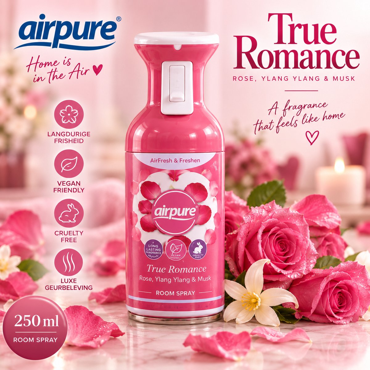 Airpure True Romance Luchtverfrisser 250 ml – Roomspray & Geurspray – Roos, Ylang-Ylang & Muskus – Bloemige Huisgeur