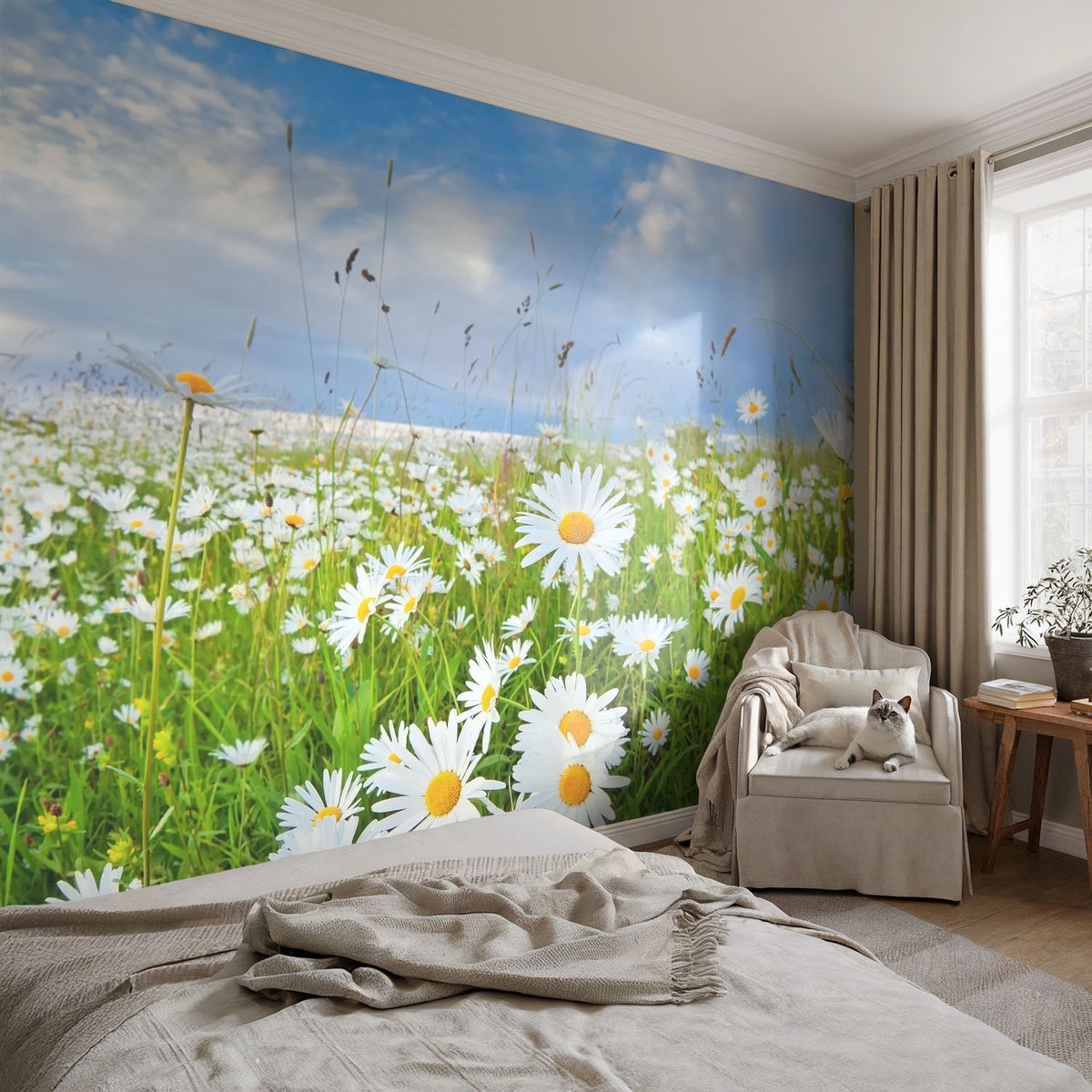Coloray Vliesbehang - Wit Snellijm Behang - 104x70 cm - Zomerweide Muurschildering - Gang behang Bloemen En Planten - Fotobehang Vlies - Slaapkamer behang