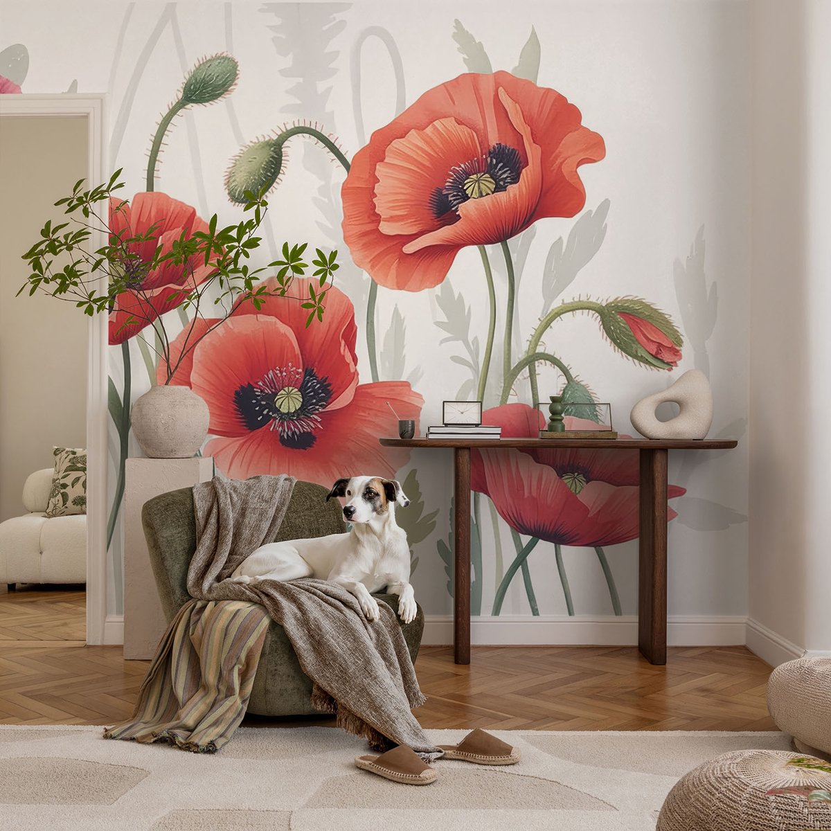 Coloray Vliesbehang - Rood Snellijm Behang - 104x70 cm - Rode Klaprozen Fotobehang Vlies - Hal behang Bloemen En Planten - Muurschildering - Woonkamer behang