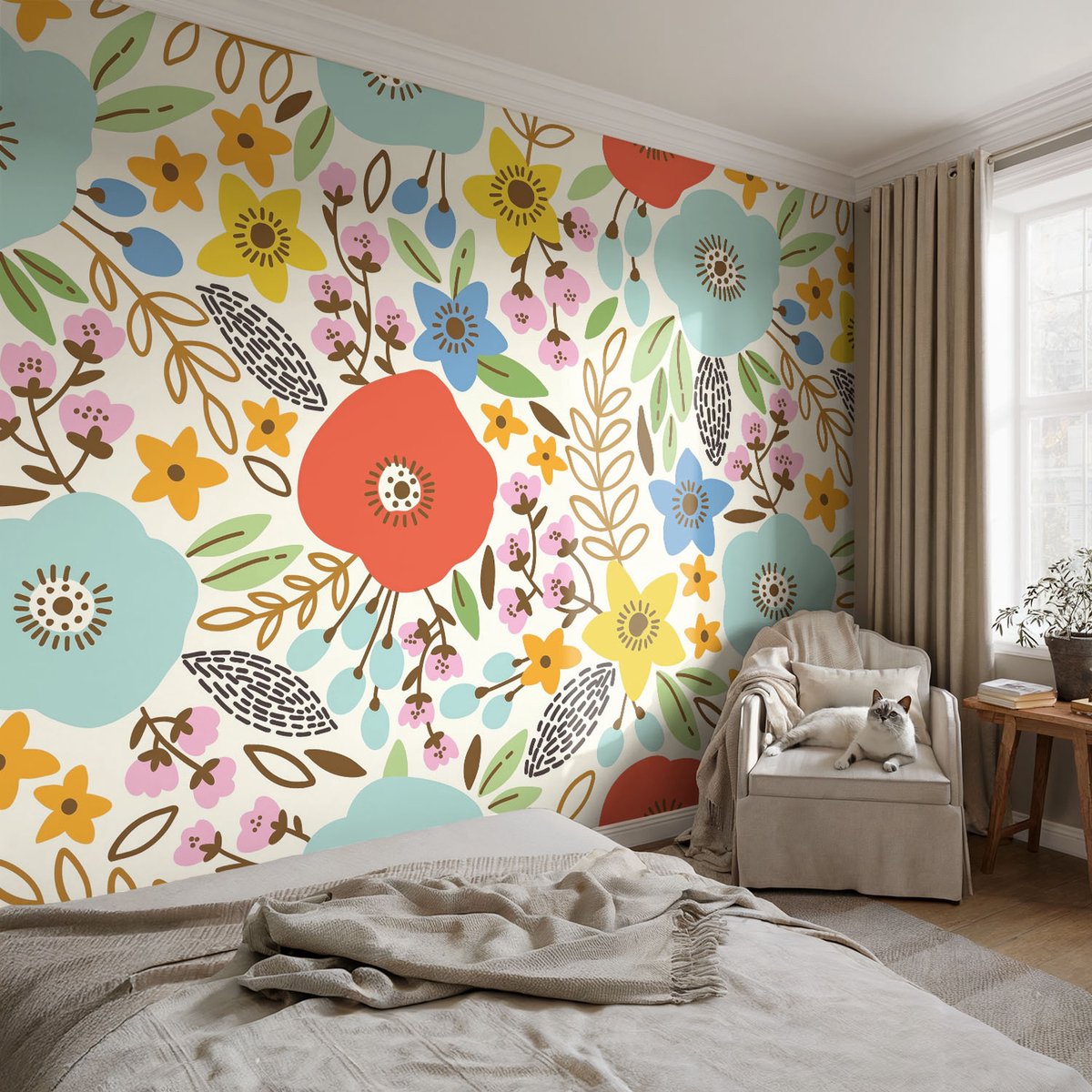 Coloray Vliesbehang - Blauw Snellijm Behang - 104x70 cm - Bloemenpatroon Muurschildering - Slaapkamer behang Bloemen En Planten - Fotobehang Vlies - Gang behang