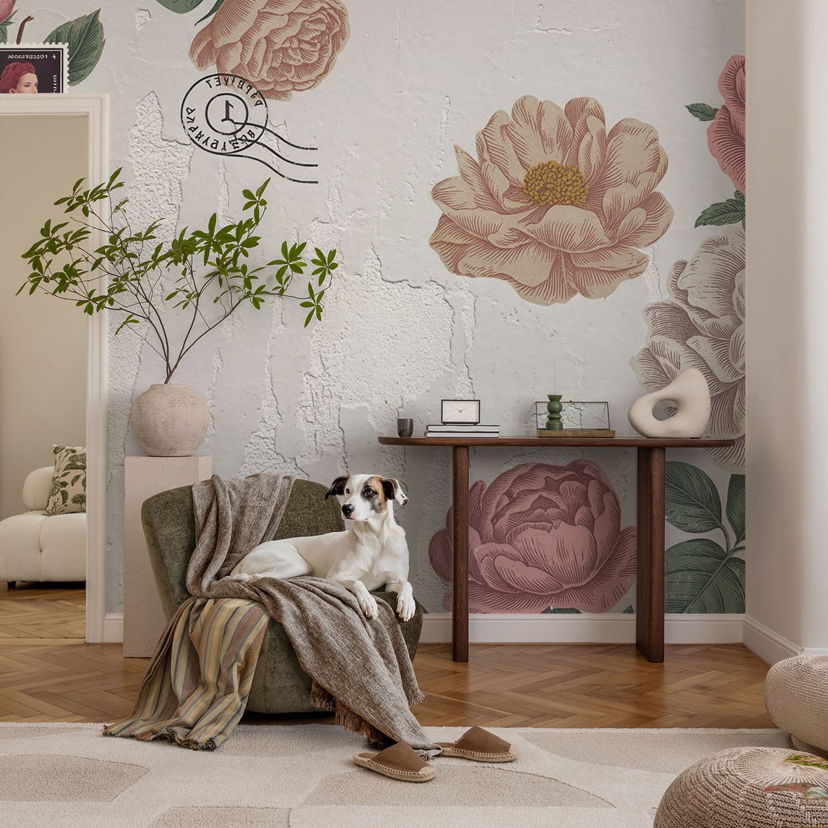 Coloray Vliesbehang - Wit Snellijm Behang - 104x70 cm - Vintage Bloemen Fotobehang Vlies - Hal behang Bloemen En Planten - Muurschildering - Woonkamer behang