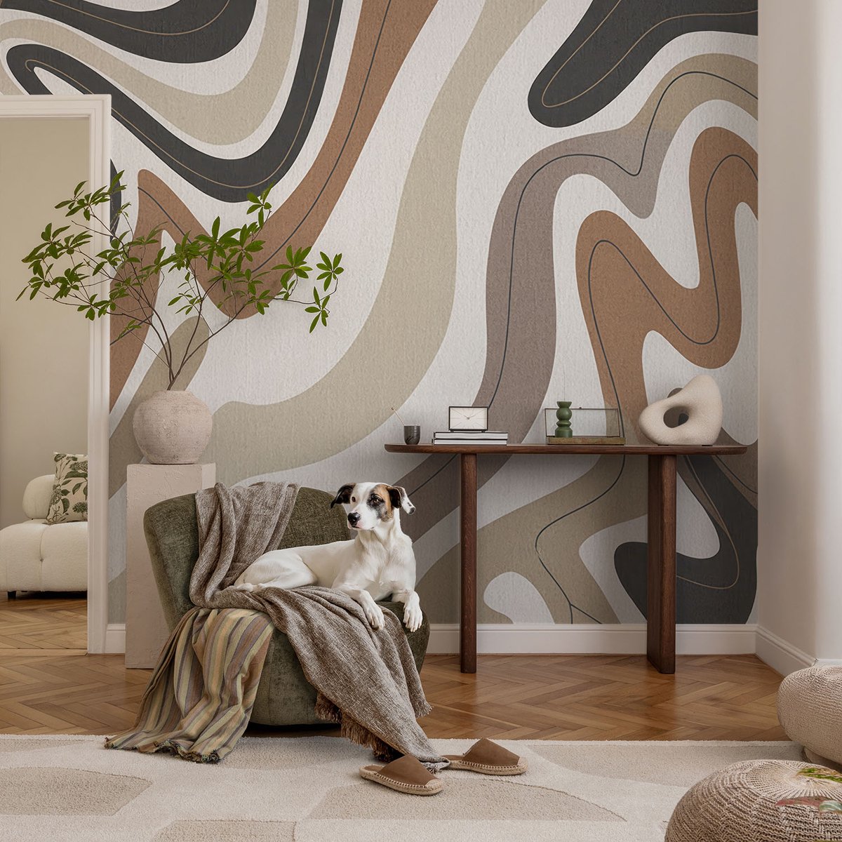 Coloray Vliesbehang - Beige Snellijm Behang - 104x70 cm - Harmonieuze Golven Fotobehang Vlies - Hal behang Abstractie - Muurschildering - Woonkamer behang
